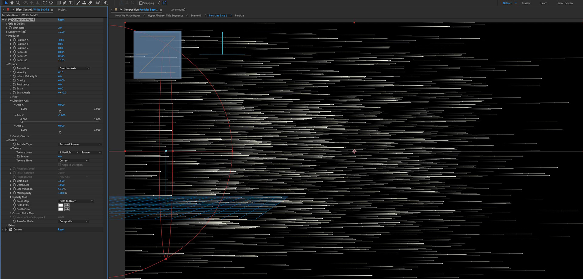 Screen shot of CC Particle World emitting bespoke particles horizontally