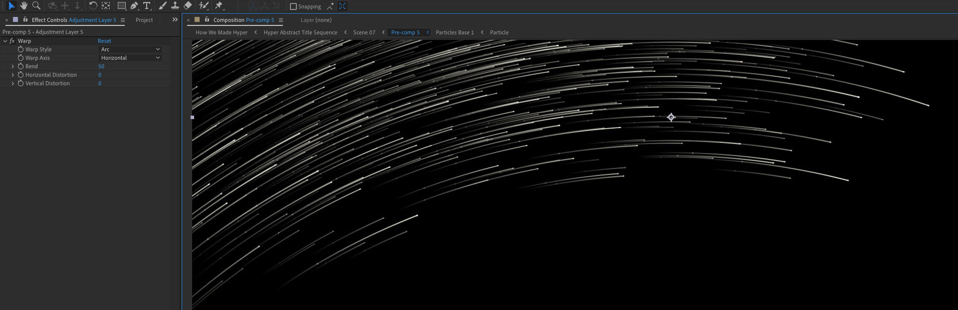 Screen shot of Warp effect curving the particle emitter underneath.