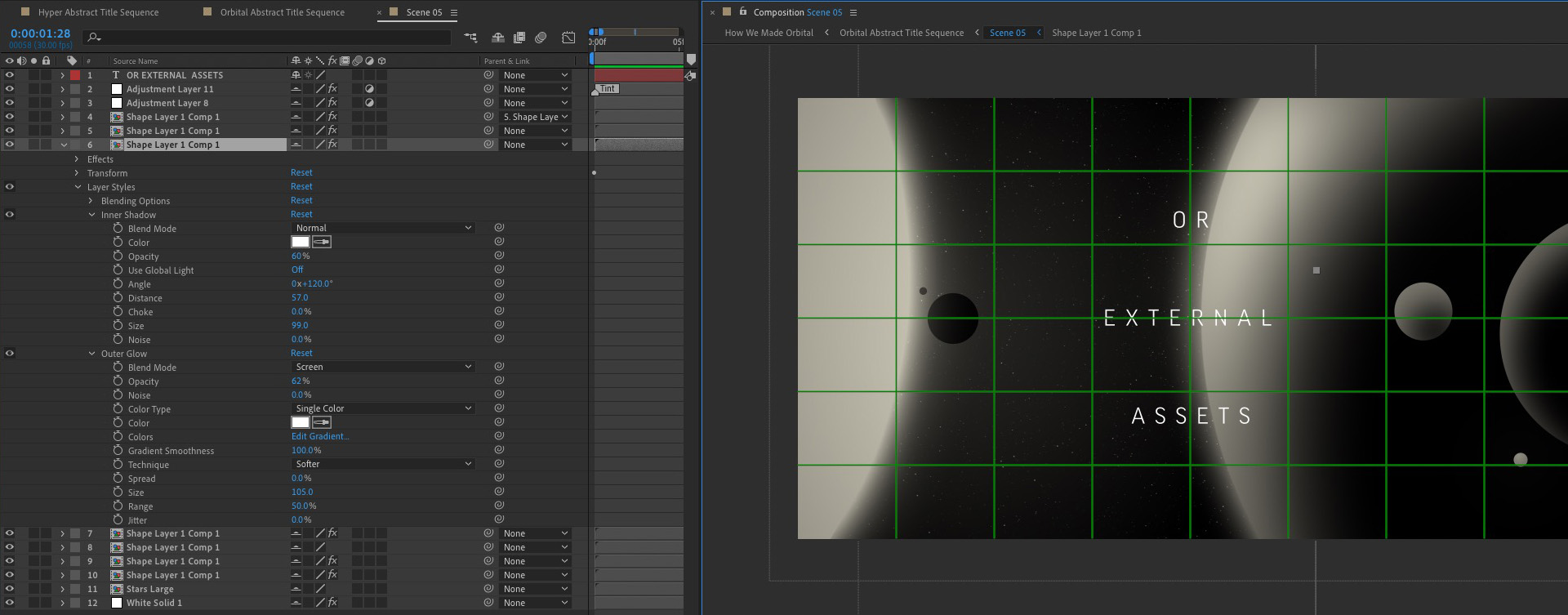 Screen shot of glow layer styles added to shape layers inside After Effects.