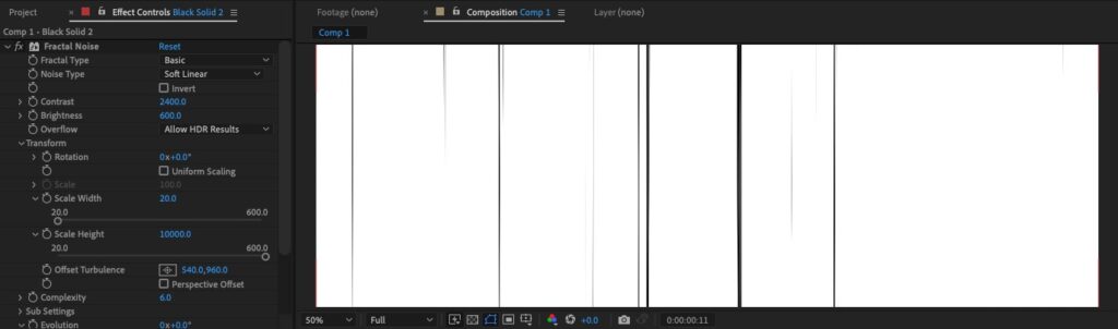 Use Fractal Noise to create vertical film scratches