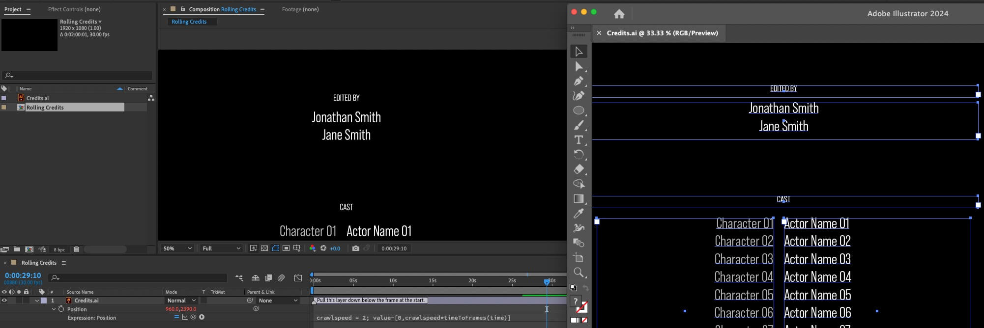 Use After Effects and Illustrator to easily create rolling credits